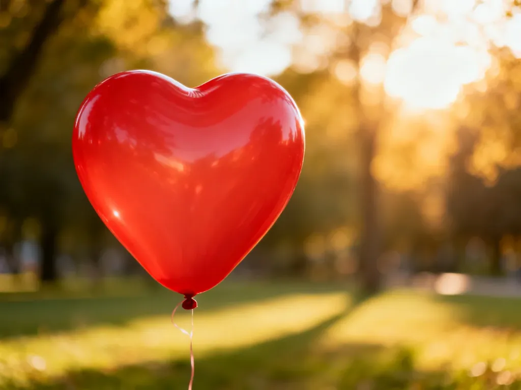 Czerwony balon w kształcie serca unoszący się w słonecznym parku, symbolizujący romantyczne zauroczenie.