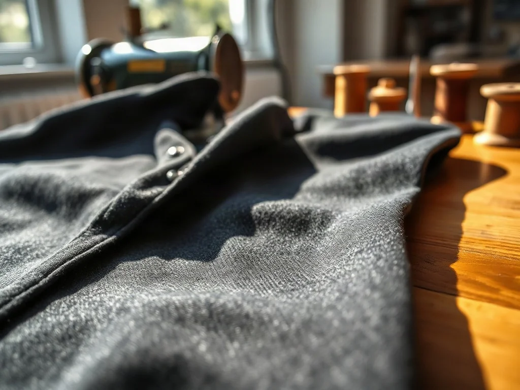 Profesjonalne wykończenie szwów żakietu za pomocą lamówki na drewnianym stole krawieckim.