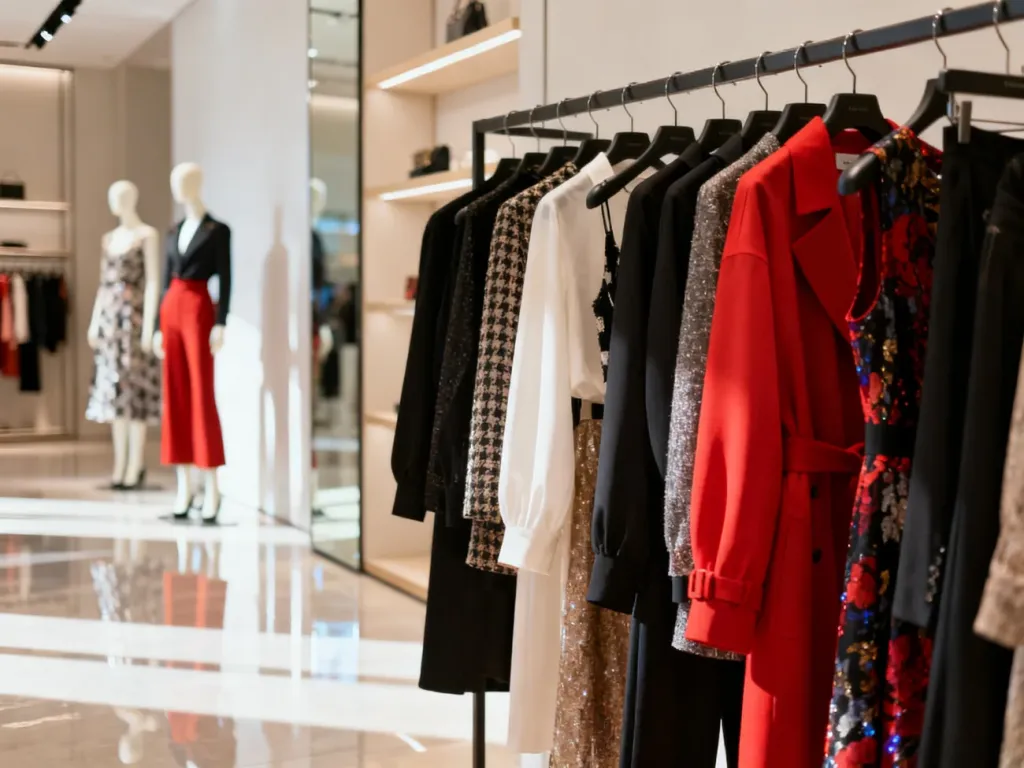Elegancki butik z wyeksponowanymi ubraniami inspirowanymi wybiegami mody, bez klientów w kadrze, no text on the picture